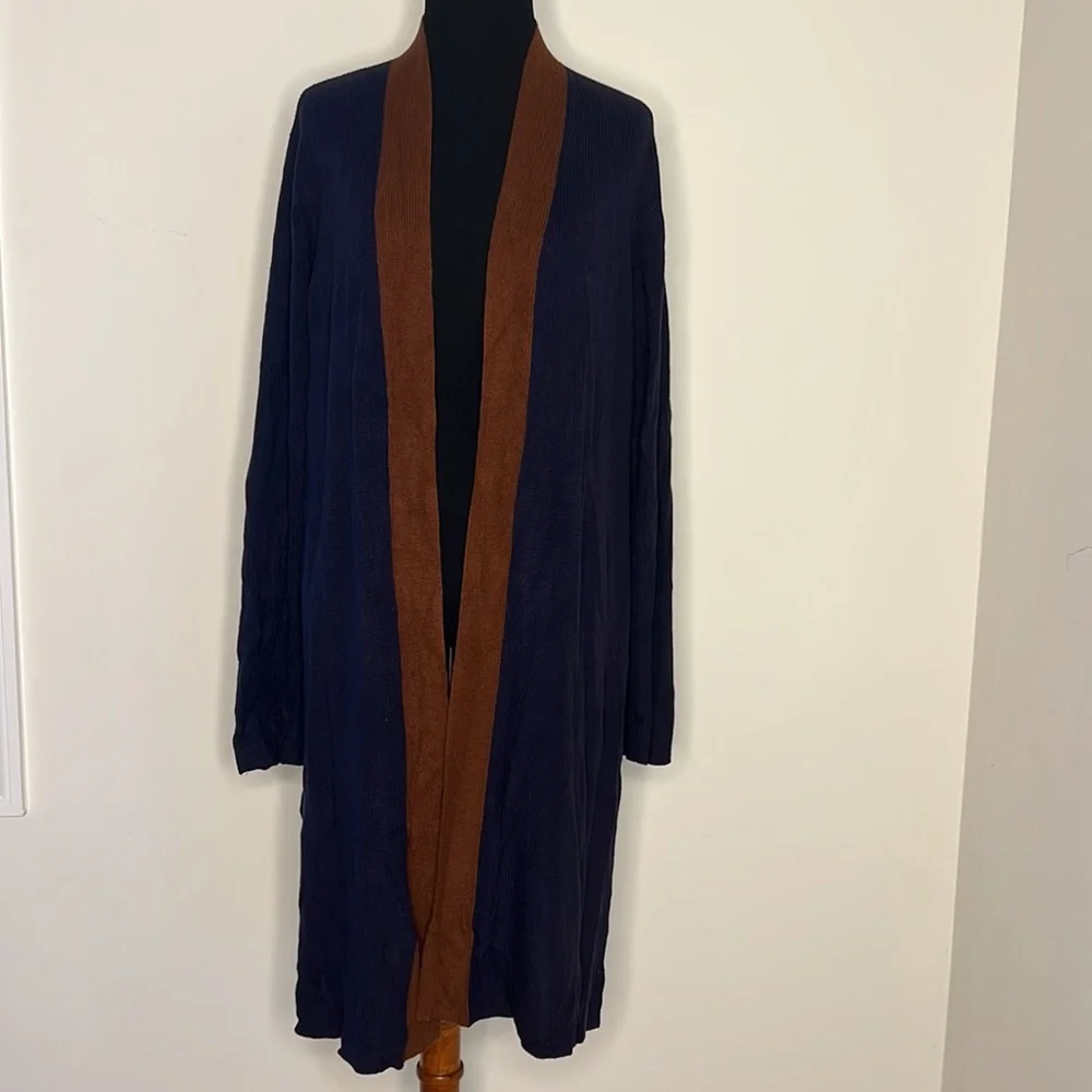 EILEEN FISHER Navy Blue Brown Trim Tencel Silk Knit Open Long Cardigan L - Picture 6 of 9